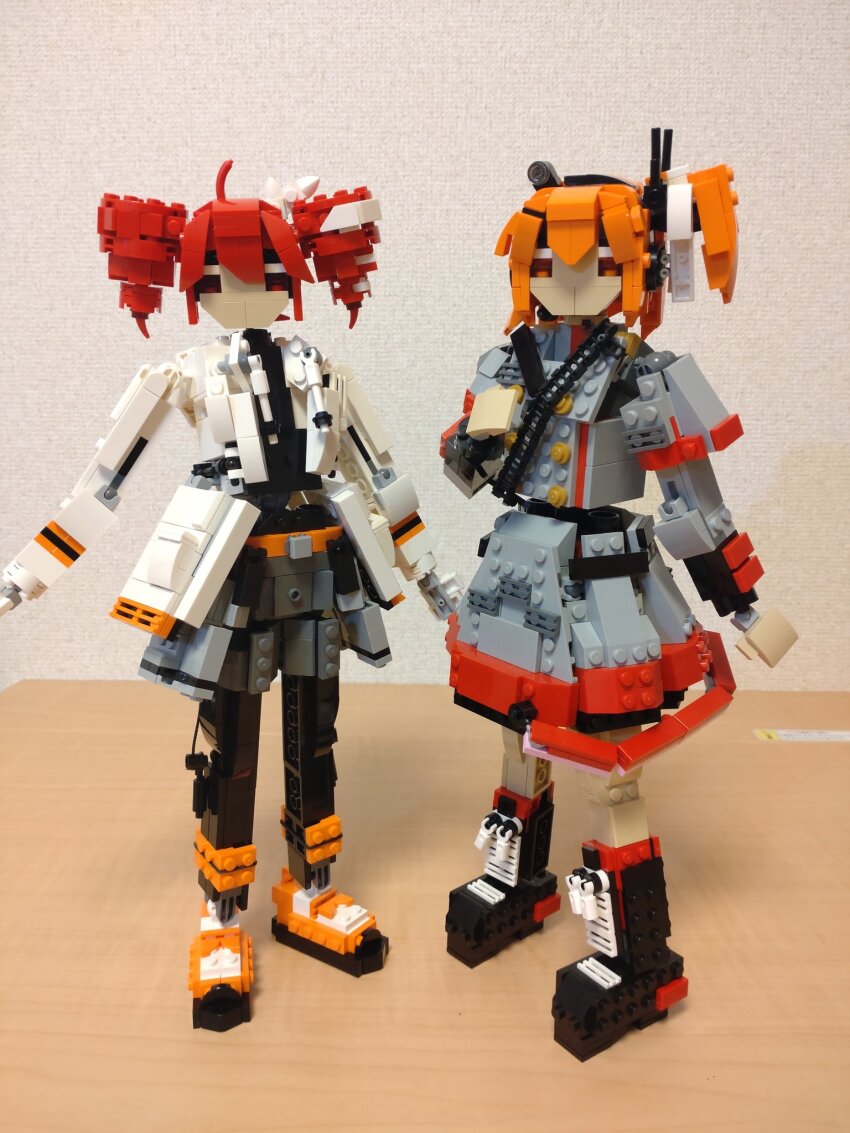 2girls a.i._voice adachi_rei ahoge belt belt_buckle black_footwear black_leggings black_shirt boots buckle buttons choroli_(chorolin) cosplay costume_switch double-breasted drawstring drill_hair full_body grey_jacket grey_shorts grey_skirt hair_between_eyes hair_ribbon hand_up headlamp highres jacket kasane_teto kasane_teto_(sv) leggings lego_(medium) long_sleeves looking_at_viewer multiple_girls one_side_up open_clothes open_jacket orange_belt orange_boots orange_eyes radio_antenna red_eyes red_hair ribbon shirt shoes shorts shoulder_belt skirt standing synthesizer_v twin_drills unconventional_media utau white_jacket white_ribbon