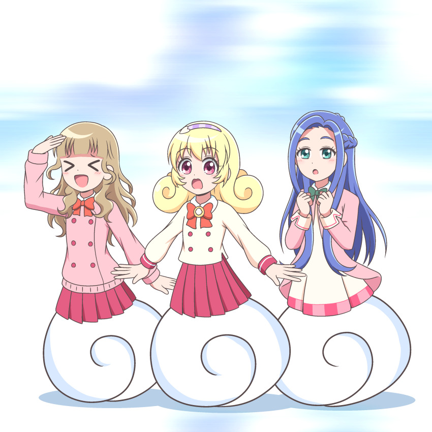 &gt;_&lt; 3girls :o absurdres aqua_eyes blonde_hair blue_background blue_hair blurry blurry_background blush bow bowtie braid brown_hair buttons clenched_hands closed_eyes commentary commission curly_hair curtained_hair cut_bangs dress full_body green_bow green_bowtie hairband half_up_braid hand_up heart_hairband highres hinata_yume ichigo_junior_high_uniform imai_kotoko jacket kato-shun long_hair long_sleeves mewkledreamy multiple_girls open_clothes open_jacket open_mouth orange_bow orange_bowtie pink_eyes pink_jacket pink_skirt pink_sleeve_cuffs pink_sweater pink_trim pixiv_commission pleated_skirt purple_hairband running school_uniform shirt short_dress skirt sleeve_cuffs smile star_(symbol) star_in_eye striped_clothes striped_hairband sweater symbol_in_eye thick_eyebrows tsukishima_maira wavy_hair wheel_o_feet white_dress white_shirt white_sleeve_cuffs