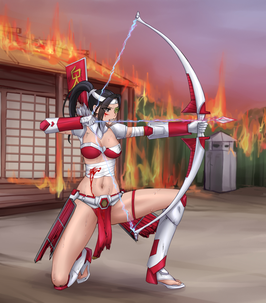1girl absurdres aiming armor armored_legwear arrow_(projectile) bad_id bad_pixiv_id bandaged_arm bandages banner bikini_armor black_eyes black_hair blood blood_from_mouth blood_on_face blood_stain bow_(weapon) breasts broken_armor burning burning_building character_request chinese_commentary cleavage clenched_teeth command_&amp;_conquer command_&amp;_conquer:_red_alert command_&amp;_conquer:_red_alert_3 commentary_request electricity fire full_body gauntlets green-tinted_eyewear groin headband highres holding holding_bow_(weapon) holding_weapon house injury japanese_armor kusazuri long_hair medium_breasts midriff navel on_one_knee outdoors parted_bangs pelvic_curtain ponytail quiver red_alert_3 red_armor sandals sashimono scouter shoulder_armor solo stone_lantern sweat teeth tinted_eyewear torn_clothes visor_(armor) weapon white_headband white_legwear yeklsa