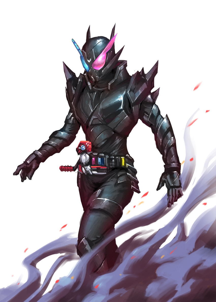 1boy armor black_armor black_background blue_eyes build_driver compound_eyes cowboy_shot rider_belt hazard_trigger heterochromia highres kamen_rider kamen_rider_build kamen_rider_build_(series) looking_at_viewer male_focus rabbit+tank_form_(black_hazard) red_eyes science_fiction shoulder_armor simple_background solo steam steaming_body upper_body walking wang_peihao white_background