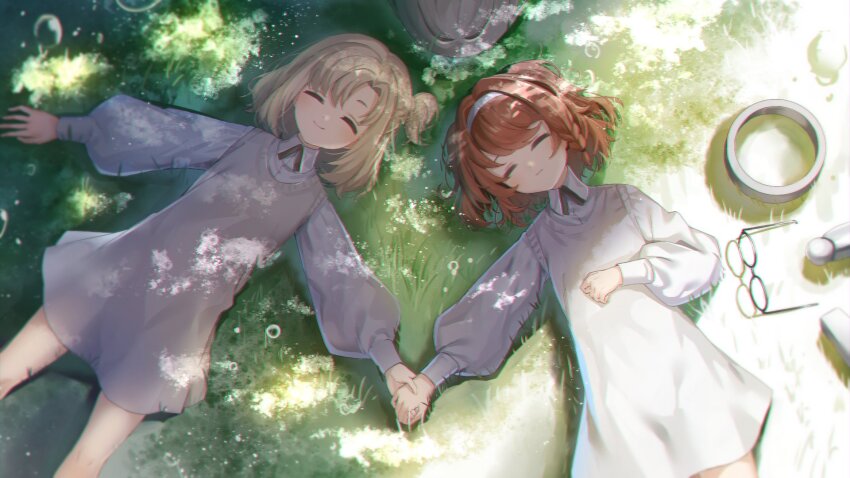 3girls ^_^ aged_down blonde_hair closed_eyes closed_mouth collared_dress cowboy_shot dappled_sunlight dress from_above grey_hair hairband highres holding_hands kuramoto_beta-carotene long_sleeves lying making-of_available matilda_bouanich multiple_girls on_back on_grass one_side_up puffy_long_sleeves puffy_sleeves reverse:1999 short_dress short_hair sleeping smile sonetto_(reverse:1999) sunlight two_side_up unworn_eyewear vertin_(reverse:1999) white_dress white_hairband