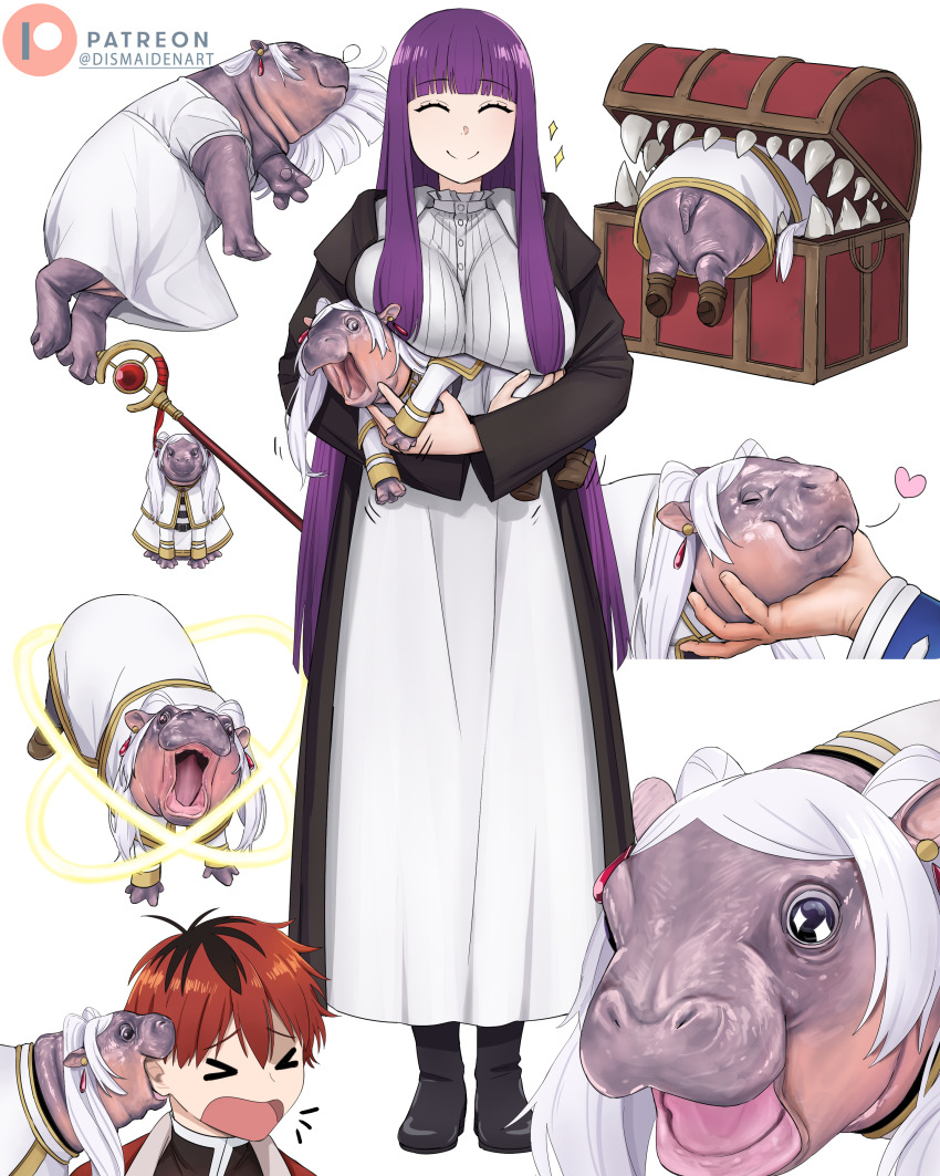 &gt;_&lt; 1boy 1girl :o absurdres animal artist_name baby_animal black_footwear black_hair blunt_bangs breast_press breasts closed_mouth cosplay dismaiden dress fern_(sousou_no_frieren) frieren frieren_(cosplay) grey_hair heart highres hippopotamus large_breasts long_hair mimic mimic_chest moo_deng multicolored_hair multiple_views patreon_logo patreon_username purple_hair pygmy_hippopotamus real_life red_hair short_hair sidelocks smile sousou_no_frieren staff standing stark_(sousou_no_frieren) straight_hair twintails two-tone_hair very_long_hair white_background white_dress