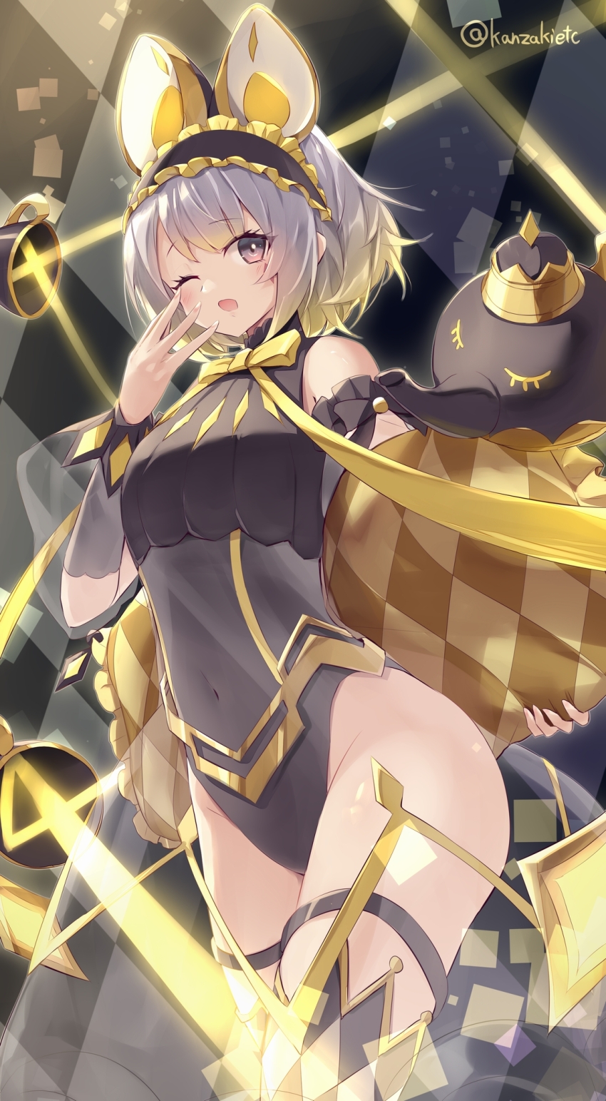 1girl animal_ears black_leotard blush breasts checkered_clothes checkered_legwear checkered_pillow covered_navel cup detached_sleeves duel_monster frilled_hairband frills groin hairband highres kanzakietc leotard maliss_&lt;p&gt;_dormouse medium_breasts mouse_ears mouse_girl multicolored_hair one_eye_closed open_mouth pink_eyes see-through_clothes see-through_skirt see-through_sleeves skirt solo teacup teapot thighs twitter_username two-tone_hair yu-gi-oh!