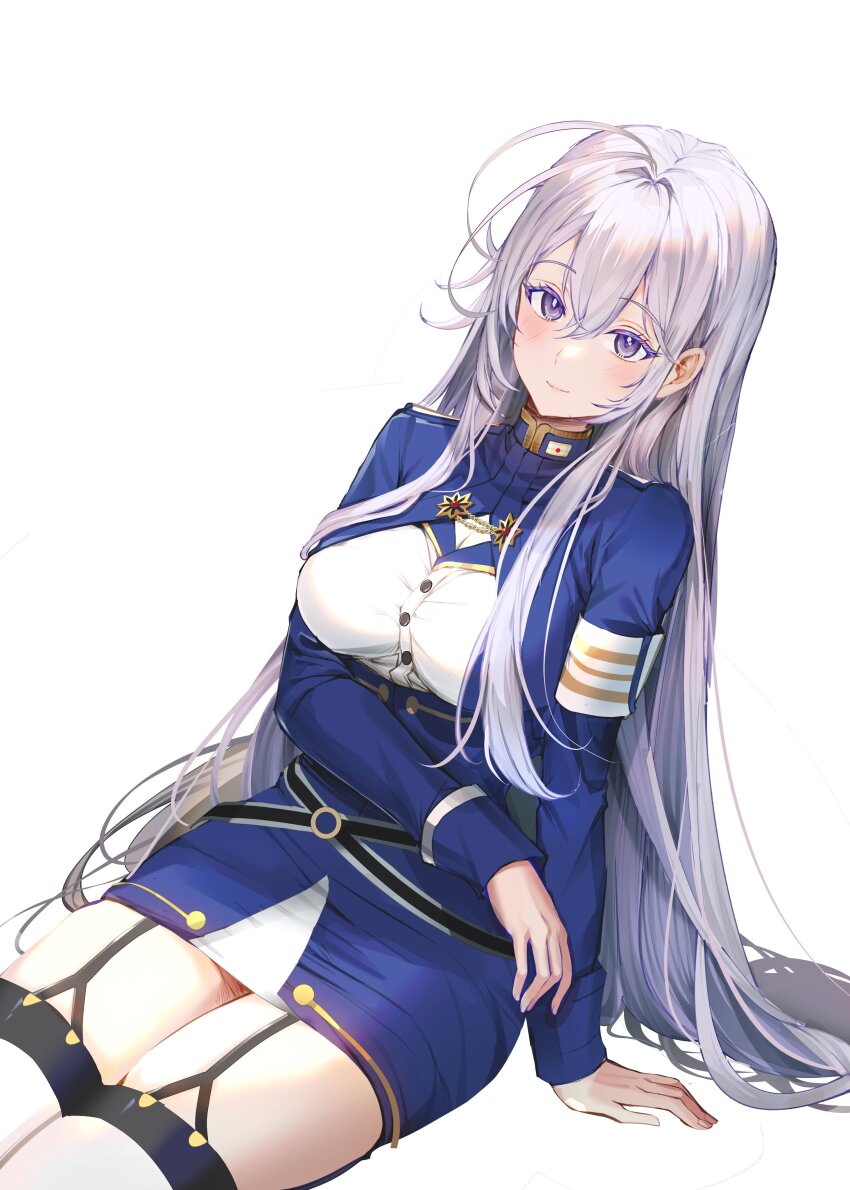 1girl 86_-eightysix- a_(sofi3103) absurdres antenna_hair arm_support belt black_garter_straps blue_jacket blush breasts cowboy_shot cropped_jacket garter_straps grey_hair hair_between_eyes hair_spread_out high-waist_skirt high_collar highres invisible_chair jacket large_breasts leaning_to_the_side long_hair looking_at_viewer military_jacket military_rank_insignia military_uniform o-ring o-ring_belt pencil_skirt purple_hair shirt sidelocks simple_background sitting skirt smile solo taut_clothes taut_skirt thighhighs tight_clothes tight_shirt very_long_hair vladilena_millize white_background white_shirt white_thighhighs