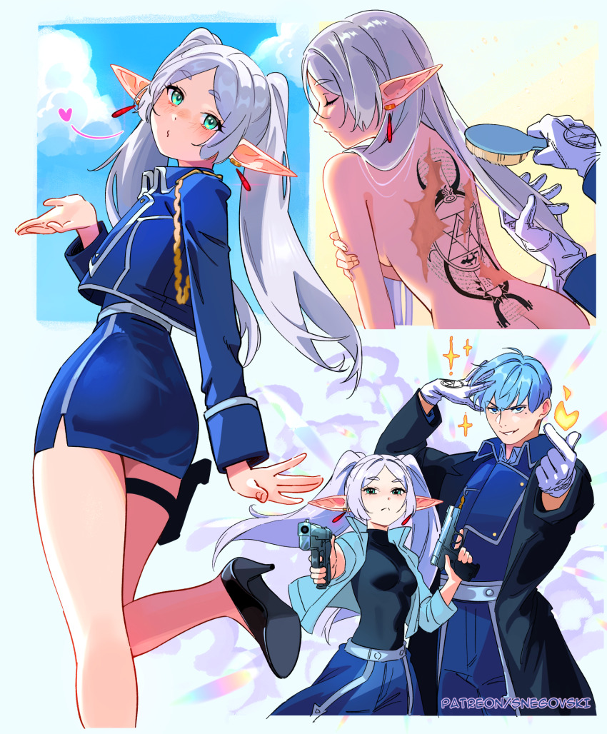 1boy 1girl aiguillette amestris_military_uniform back_tattoo black_coat black_footwear black_shirt blowing_kiss blue_hair blue_jacket blue_skirt border brushing_another&#039;s_hair brushing_hair closed_eyes closed_mouth coat collared_jacket commentary cosplay dual_wielding earrings elf english_commentary fire floating_hair frieren fullmetal_alchemist gloves green_eyes grey_hair gun hair_brush handgun heart high_heels highres himmel_(sousou_no_frieren) holding holding_gun holding_hair_brush holding_weapon holster jacket jewelry long_hair long_pointy_ears long_sleeves looking_at_viewer mole mole_under_eye multiple_scars multiple_views outside_border paid_reward_available parted_bangs patreon_username petite pointy_ears profile pumps riza_hawkeye riza_hawkeye_(cosplay) roy_mustang roy_mustang_(cosplay) scar scar_on_back shirt short_hair skirt snegovski sousou_no_frieren sparkle standing standing_on_one_leg tattoo thick_eyebrows thigh_holster thigh_strap trigger_discipline twintails very_long_hair watermark weapon web_address white_border white_gloves