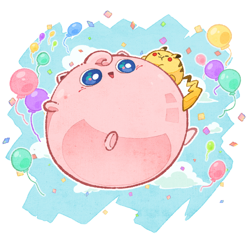 balloon blue_eyes bright_pupils closed_mouth cloud commentary_request confetti fat floating full_body gen_1_pokemon imomushi_(pixiv_9001433) jigglypuff nintendo no_humans open_mouth outline pikachu pokemon pokemon_(creature) white_background white_outline white_pupils