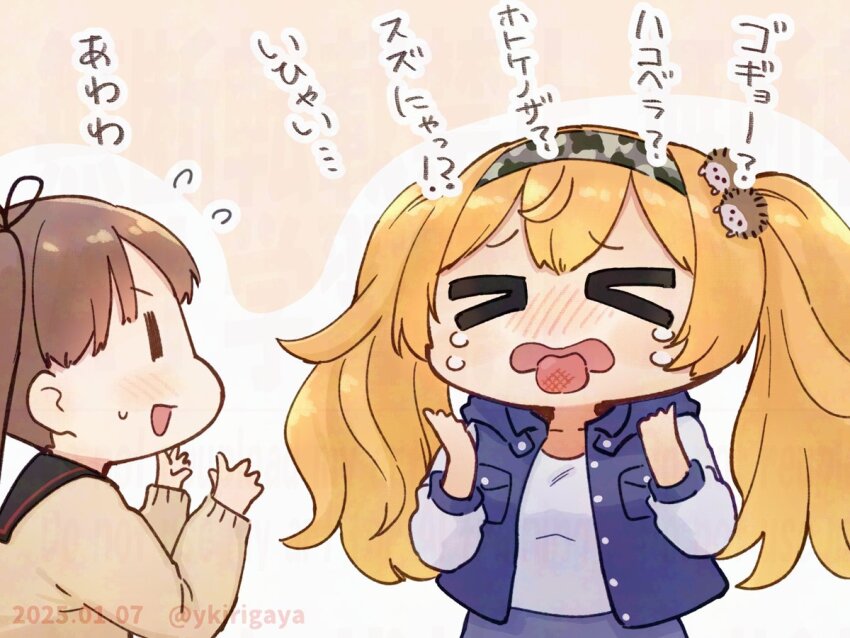 &gt;_&lt; 2girls ayanami_(kancolle) ayanami_kai_ni_(kancolle) black_sailor_collar brown_hair burnt_tongue chibi closed_eyes commentary_request dated flying_sweatdrops gambier_bay_(kancolle) gambier_bay_(saury_festival)_(kancolle) hair_ribbon hairband kantai_collection kirigaya_yuuji long_hair long_sleeves multiple_girls open_mouth ponytail ribbon sailor_collar sweat tears tongue tongue_out translation_request twintails twitter_username