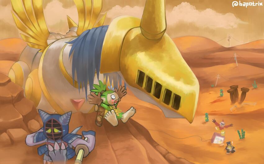 absurdres armor bear bearmon claws digimon digimon_(creature) hawkmon highres horns koemon kotemon looking_at_another maildramon monkey sword weapon wings wooden_sword