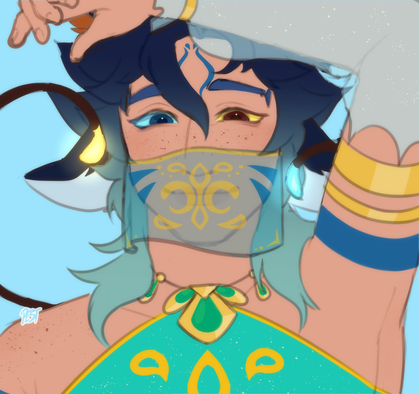 1boy accessories animal_ear_fluff animal_ears blue_eyes closed_mouth commission freckles gypsy highres long_hair looking_at_viewer simple_background sketch solo upper_body yellow_eyes