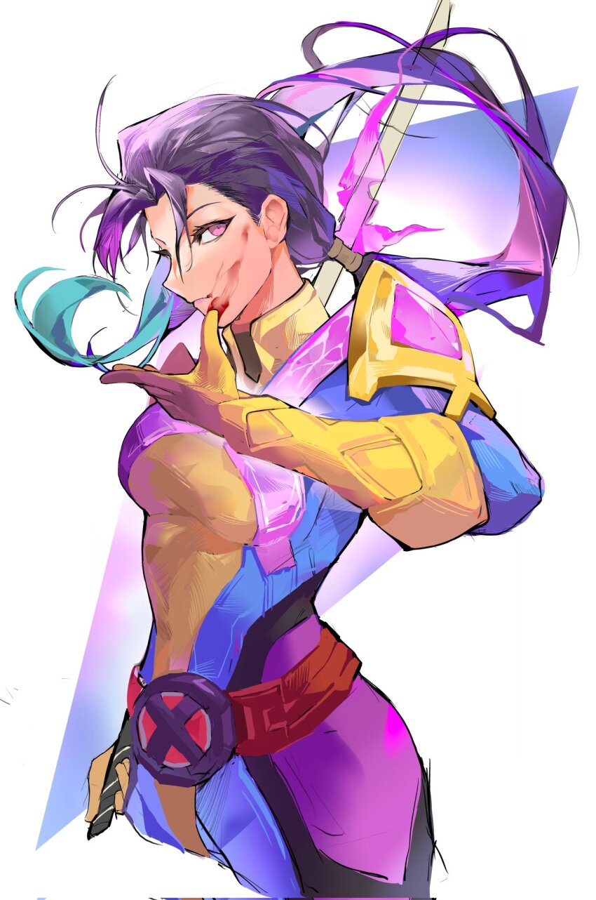 1girl belt blood blush breasts highres large_breasts long_hair marvel marvel_rivals ponytail psylocke psylocke_(retro_x-uniform) solo songtanshui02 superhero_costume sword weapon x-men