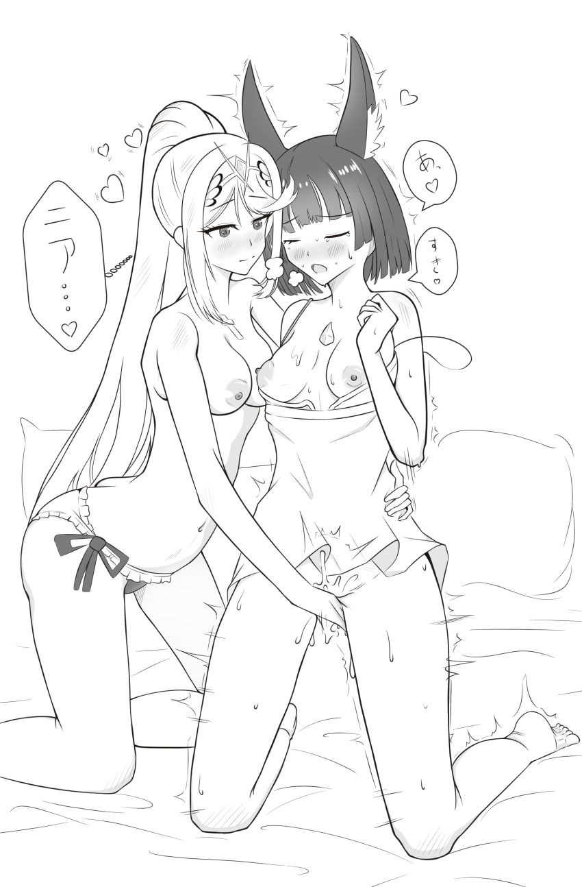 2girls absurdres animal_ears blush bottomless breasts closed_eyes closed_mouth commentary_request cross cross_necklace fingering frilled_panties frills greyscale hand_on_another&#039;s_waist heart highres hitsujimusume94 jewelry kneeling long_hair medium_breasts monochrome multiple_girls mythra_(xenoblade) necklace nia_(xenoblade) nipples open_mouth panties ponytail short_hair smile speech_bubble sweat topless_female translation_request underwear xenoblade_chronicles_(series) xenoblade_chronicles_2 yuri