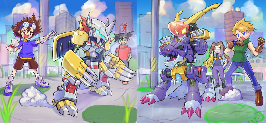 absurdres blush claws cloud digimon garurumetal glasses gloves goggles greywars highres ishida_yamato kikuhime medarot metalgarurumon open_mouth robot tenryou_ikki wargreymon wolf yagami_taichi