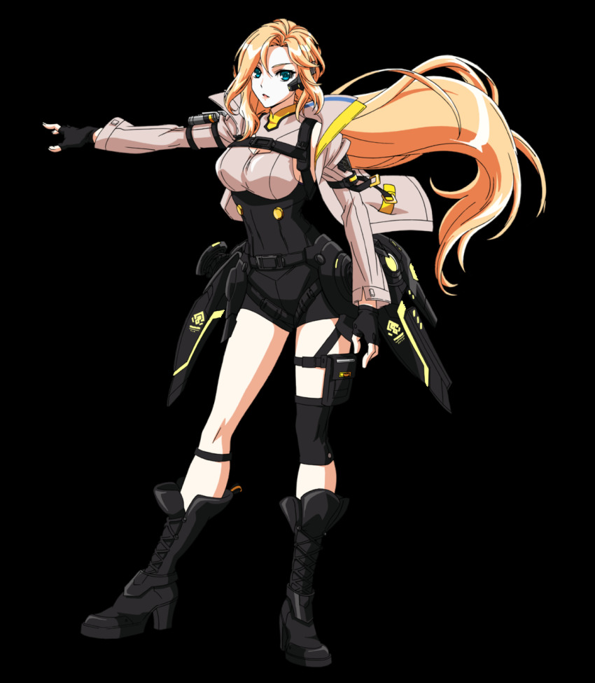 1girl asymmetrical_legwear blonde_hair blue_eyes boots breasts covered_navel elsword female_focus fingerless_gloves gloves hair_blowing harness headset highres jacket jetpack large_breasts long_hair looking_at_viewer minerva_(elsword) official_art open_mouth outstretched_arm pink_lips ponytail pouch rose_(elsword) simple_background solo uneven_legwear wavy_hair