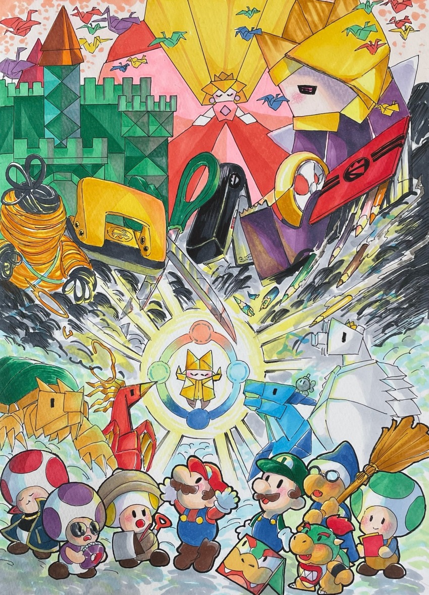 2girls 5boys arms_up bad_id bad_tumblr_id beak bear bib bird black_eyes blonde_hair blue_hat blue_overalls blue_robe blue_shirt bobby_(paper_mario) bomb bowser bowser_jr. broom brother_and_sister browjob brown_hair brown_hat brown_pants brown_shoes cabbie_hat captain_t._ode castle clenched_hand closed_eyes closed_mouth colored_pencil colored_pencils_(paper_mario) commentary_request crown dj_toad dragon dress earrings earth_vellumental explosive fangs fire_vellumental floating full_body fur-trimmed_headwear fur_trim ghost glasses gloves glowing green_hat green_shirt hair_over_one_eye hat highres holding holding_broom hole_punch_(paper_mario) hole_puncher ice_vellumental jewelry kamek king_olly kitubanamon long_dress long_hair long_sleeves looking_at_another luigi mario mario_(series) multiple_boys multiple_girls nintendo olivia_(paper_mario) opaque_glasses open_mouth origami origami_craftsman outstretched_arms overalls oversized_object pants paper paper_crane paper_luigi paper_mario paper_mario:_the_origami_king paper_mario_(character) paper_peach pencil phoenix pink_dress polar_bear ponytail poster_(medium) princess_peach professor_toad_(mario) purple_shirt red_hair red_hat robe rubber_band rubber_band_(paper_mario) scissors scissors_(paper_mario) shirt shoes short_hair short_ponytail shovel siblings smile smoke solid_oval_eyes sphere_earrings spiked_shell spoilers standing stapler stapler_(paper_mario) sunglasses tape tape_(paper_mario) tiptoes traditional_media turtle very_short_hair water_vellumental white_eyes white_gloves winding_key wristband yellow_hat yellow_overalls yellow_shirt