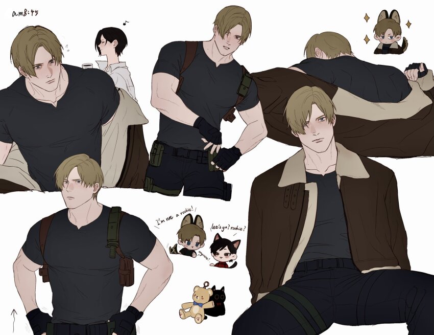 1boy 1girl aaamber_22 ada_wong animal_ears black_gloves black_hair black_pants blonde_hair brown_jacket cat_charm cat_ears cat_girl chibi chibi_inset collared_shirt cup dog_boy dog_ears english_text fingerless_gloves fur-trimmed_jacket fur_trim gloves grey_shirt hair_over_one_eye hands_on_own_hips highres holding holding_cup jacket kemonomimi_mode leon_s._kennedy multiple_views muscular muscular_male musical_note pants parted_bangs resident_evil resident_evil_4 resident_evil_4_(remake) shirt short_hair sparkle stuffed_animal stuffed_toy teddy_bear tight_clothes tight_shirt upper_body white_shirt