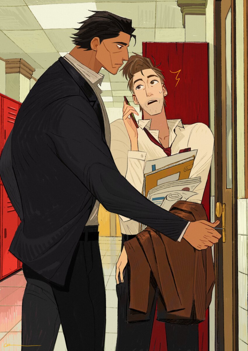 2boys absurdres alternate_universe black_hair black_pants black_suit brown_eyes brown_hair brown_jacket ceiling cellphone chinese_commentary collarbone collared_shirt commentary_request dark-skinned_male dark_skin dingnin98201637 door doorknob formal_clothes highres holding holding_paper holding_phone holding_unworn_clothes holding_unworn_jacket indoors jacket layered_sleeves locker long_sleeves looking_at_another looking_to_the_side male_focus marvel miguel_o&#039;hara multiple_boys necktie open_collar open_mouth pants paper peter_b_parker phone pillar red_necktie shirt short_sideburns spider-man:_across_the_spider-verse spider-man_(series) spider-verse standing suit suit_jacket teeth tile_ceiling tiles upper_teeth_only wing_collar