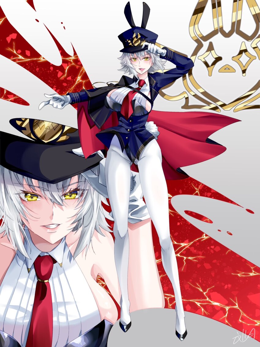 animal_ears black_footwear blue_hat blue_jacket collared_shirt fake_animal_ears fake_tail fumizuki_kazuhito gloves grey_hair hat high_heels highres jacket leotard looking_at_viewer necktie open_mouth panties playboy_bunny rabbit_ears rabbit_tail red_necktie shirt short_hair sleeveless sleeveless_shirt smile solo tail underwear virtual_youtuber vshojo white_gloves white_panties white_shirt yellow_eyes zentreya zentreya_(cyborg)