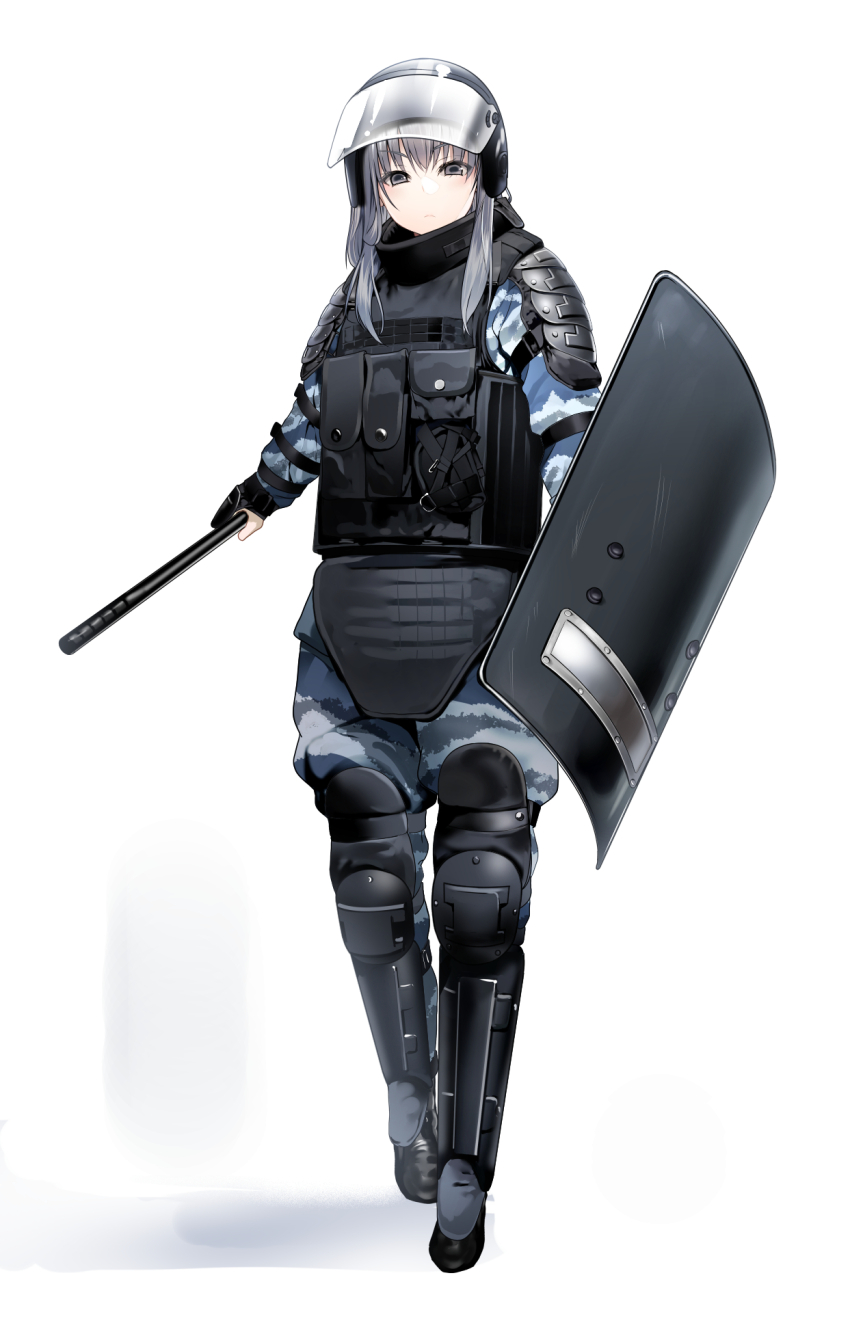 1girl ammunition_pouch ballistic_shield baton_(weapon) black_boots black_helmet boots camouflage closed_mouth commentary_request face_shield full_body grey_hair helmet highres holding holding_baton_(weapon) holding_shield knee_pads original police police_of_russia police_uniform policewoman pouch riot_police russia samazuka_mashiro serious shield simple_background snow_camouflage solo standing tactical_clothes weapon white_background