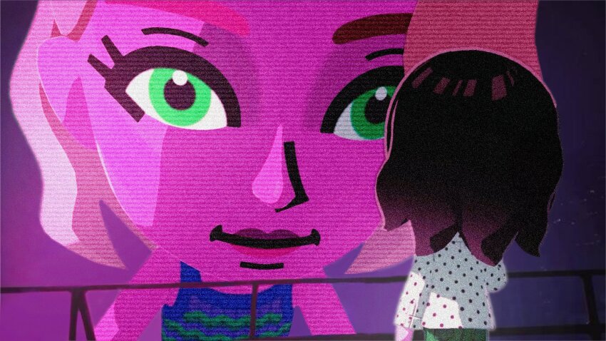 2girls blade_runner_2049 blonde_hair blue_hair blue_sky commentary cyberpunk dreaming english_commentary from_below giant giantess goslingposting_(meme) highres looking_at_another looking_down makeup mascara meme mii_(nintendo) multiple_girls neon_palette nintendo nintendo_switch polka_dot size_difference sky smile tan thick_lips tomodachi_life tomodachi_life:_living_the_dream you_look_lonely_(meme)