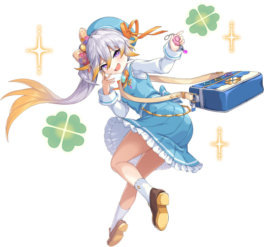 1girl artist_request bag breasts clover fang four-leaf_clover four-pointed_star full_body game_cg hair_between_eyes highres legend_clover long_sleeves multicolored_hair official_alternate_costume official_art open_mouth orange_hair purple_eyes school_bag school_uniform short_hair socks solo syldra_(legend_clover) third-party_source transparent_background white_hair white_socks