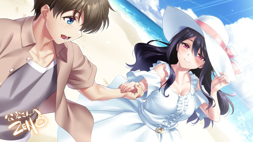 1boy 1girl :d absurdres beach black_hair blue_eyes blue_sky breasts brown_hair brown_shirt center_frills cleavage cloud collarbone collared_shirt commentary_request commission couple cowboy_shot day dress dutch_angle eyelashes eyes_visible_through_hair fingernails frilled_dress frills hair_between_eyes hand_on_headwear hand_up happy hat hat_ribbon hetero highres holding_hands izanami_kyouko kamisama_ni_natta_hi large_breasts long_hair looking_at_another narukami_youta ocean off-shoulder_dress off_shoulder open_clothes open_mouth open_shirt outdoors pink_eyes pink_ribbon profile ribbon second-party_source shirt short_hair signature skeb_commission sky smile sun_hat sundress sunlight teeth tsurime upper_body wavy_hair white_dress white_hat zen_(kamuro)