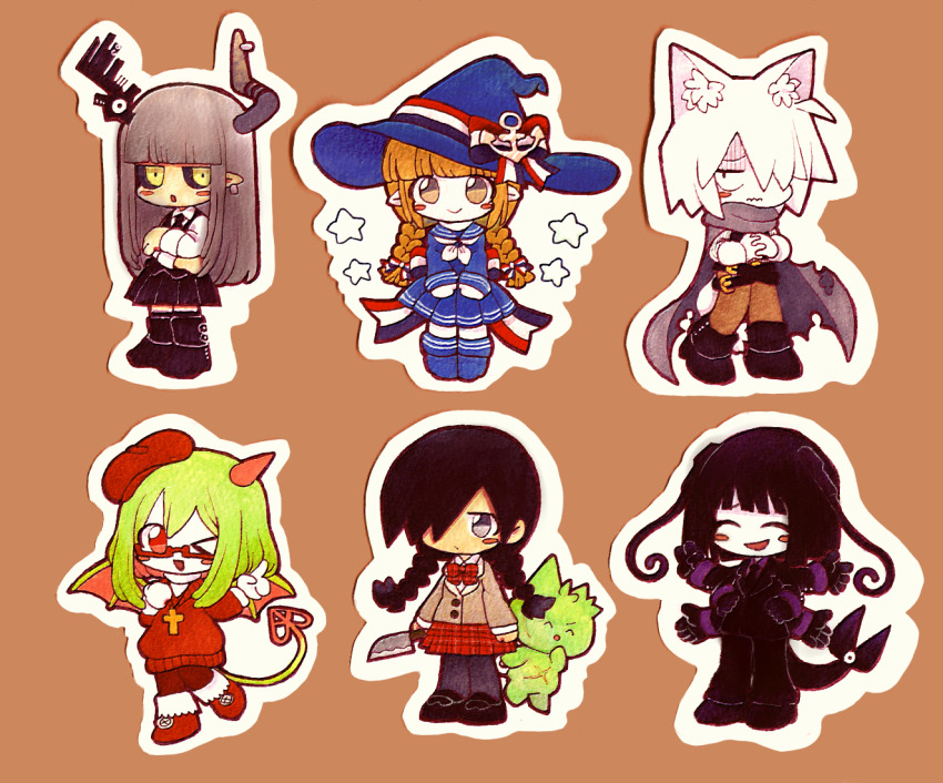 2boys 4girls :&gt; :o ^_^ anchor_hat_ornament animal animal_ear_fluff animal_ears antennae beret black_footwear black_hair black_necktie black_pants black_pantyhose black_sclera black_skirt black_suit black_vest blue_footwear blue_headwear blue_sailor_collar blue_serafuku blue_skirt blunt_bangs blush_stickers bob_cut boots bow bowtie braid brown_background brown_eyes brown_hair brown_jacket brown_pants buttons cape cat chibi closed_eyes closed_mouth collared_shirt colored_sclera colored_skin cross cross_necklace crossed_arms defect_mogeko demon_girl demon_horns demon_tail demon_wings ear_piercing extra_arms formal_clothes funamusea green_hair green_wings grey_cape grey_eyes grey_hair haiiro_teien hair_over_one_eye hat hat_bow hat_ornament holding holding_knife horns ice_scream jacket jewelry knife kurai_yonaka kurotsuno long_hair mogeko_castle multicolored_bow multiple_boys multiple_girls mutsuno neckerchief necklace necktie oounabara_to_wadanohara open_mouth outline own_hands_together pale_skin pants pantyhose piercing plaid_bow plaid_bowtie plaid_clothes plaid_skirt pleated_skirt pointy_ears poison_bugs red-framed_eyewear red_bow red_bowtie red_eyes red_footwear red_skirt red_sweater red_thighhighs sailor_collar school_uniform semi-rimless_eyewear serafuku shirogane_(funamusea) shirt short_hair sidelocks simple_background single_horn skirt smile star_(symbol) suit sutare_yume sweater tail thighhighs tsumuri_(funamusea) twin_braids vest wadanohara white_hair white_neckerchief white_outline white_shirt white_skin wings wolf_boy wolf_ears yellow_eyes yosafire_(funamusea)