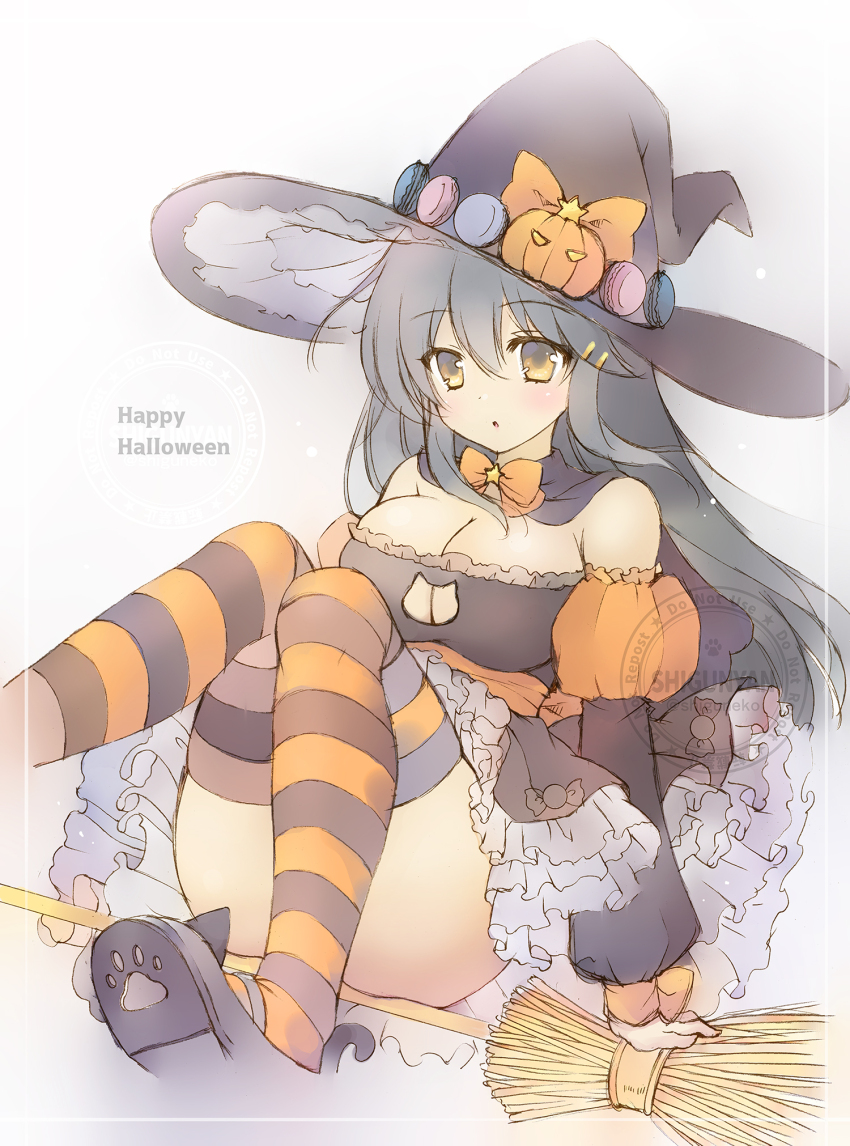 1girl alternate_costume black_cape black_dress black_hat breasts brown_eyes cape cat_cutout cleavage clothing_cutout detached_sleeves dress grey_hair halloween happy_halloween haruna_(kancolle) hat highres jack-o&#039;-lantern kantai_collection large_breasts long_hair shigunyan sitting solo strapless strapless_dress striped_clothes striped_thighhighs thighhighs witch_hat