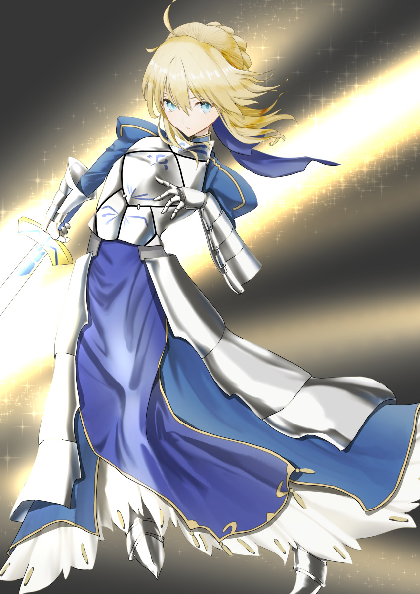 1girl absurdres ahoge armor armored_boots armored_dress artoria_pendragon_(fate) beatrix_vivi black_background blonde_hair blue_dress blue_ribbon boots braid braided_bun breastplate breasts bun_with_braided_base dress excalibur_(fate/stay_night) fate/stay_night fate_(series) gauntlets glowing glowing_sword glowing_weapon green_eyes hair_between_eyes hair_bun hair_ribbon hand_on_own_chest highres holding holding_sword holding_weapon long_sleeves looking_at_viewer medium_breasts ponytail ribbon saber_(fate) short_hair solo sword weapon yellow_eyes