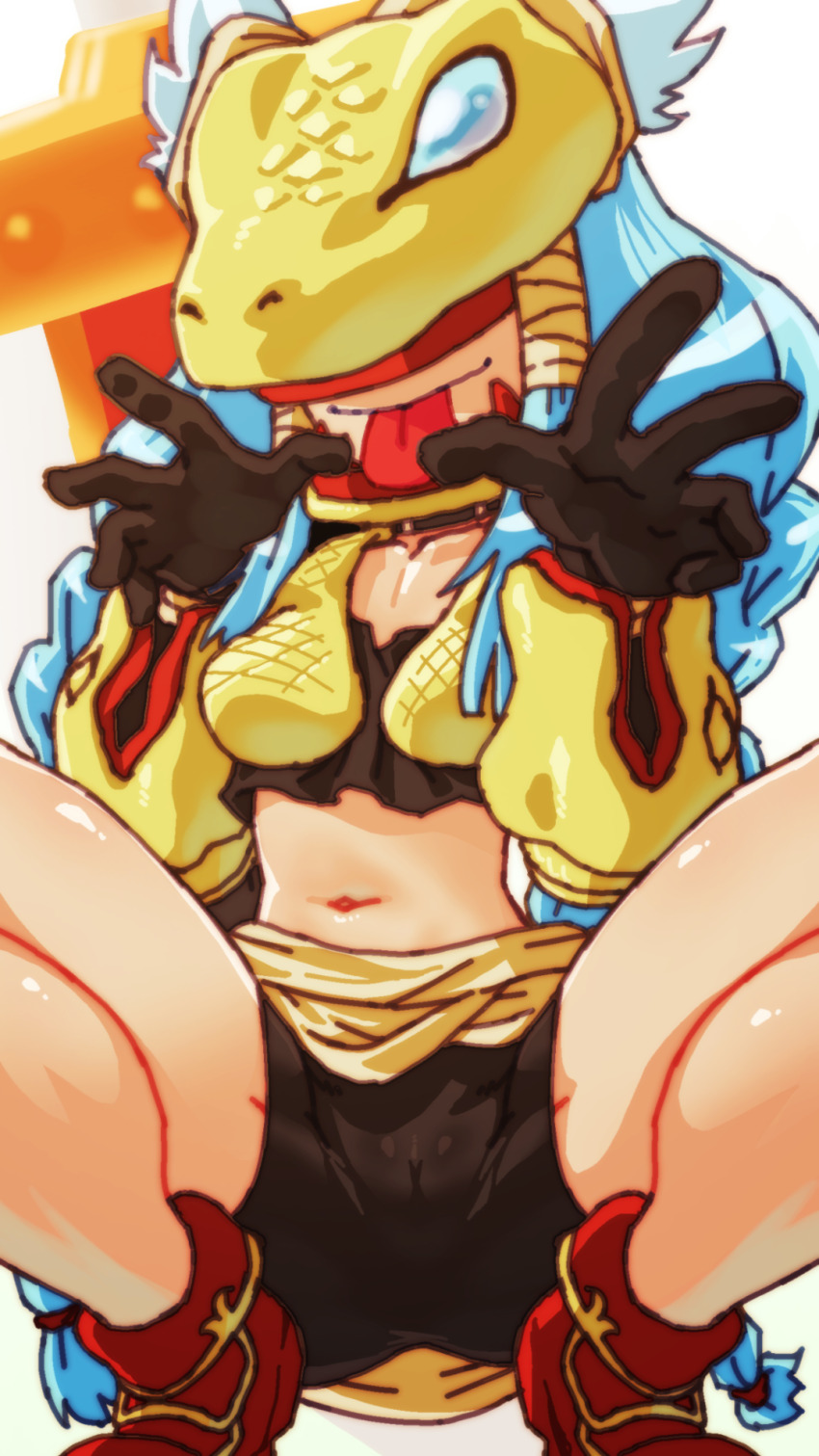 1girl ankle_boots arm_armor bike_shorts black_gloves black_tube_top blue_hair boots braid breasts collarbone commentary_request commission covered_eyes digimon digimon_(creature) gerusyu gloves hair_ribbon helmet helmet_over_eyes highres huge_weapon long_hair midriff minervamon navel pixiv_commission red_boots ribbon simple_background small_breasts snake_mask solo spread_legs squatting strapless sword tongue tongue_out tress_ribbon tube_top twin_braids very_long_hair waist_cape weapon white_background winged_helmet