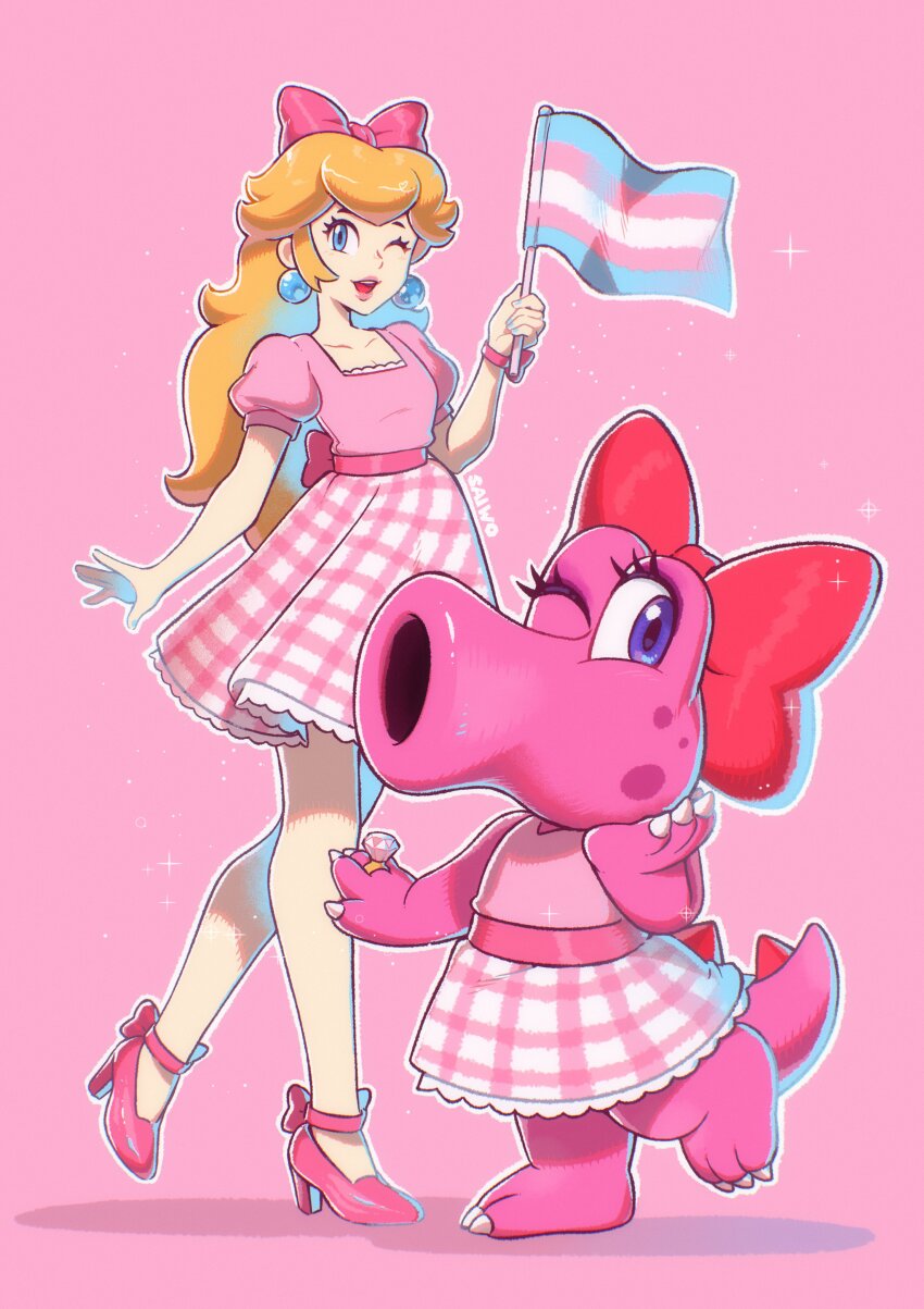 2girls absurdres alternate_costume artist_name belt birdo blonde_hair bow colored_skin diamond_(gemstone) diamond_ring earrings flag hair_bow high_heels highres holding holding_flag jewelry long_hair looking_at_viewer mario_(series) multiple_girls nintendo one_eye_closed open_mouth ornate_ring pink_background pink_belt pink_bow pink_shirt pink_shoes pink_skin pink_skirt pink_theme plaid_clothes plaid_skirt princess_peach puffy_short_sleeves puffy_sleeves purple_eyes ring saiwo_(saiwoproject) shirt shoes short_sleeves simple_background skirt sphere_earrings tail transgender_flag two-tone_skirt white_skirt