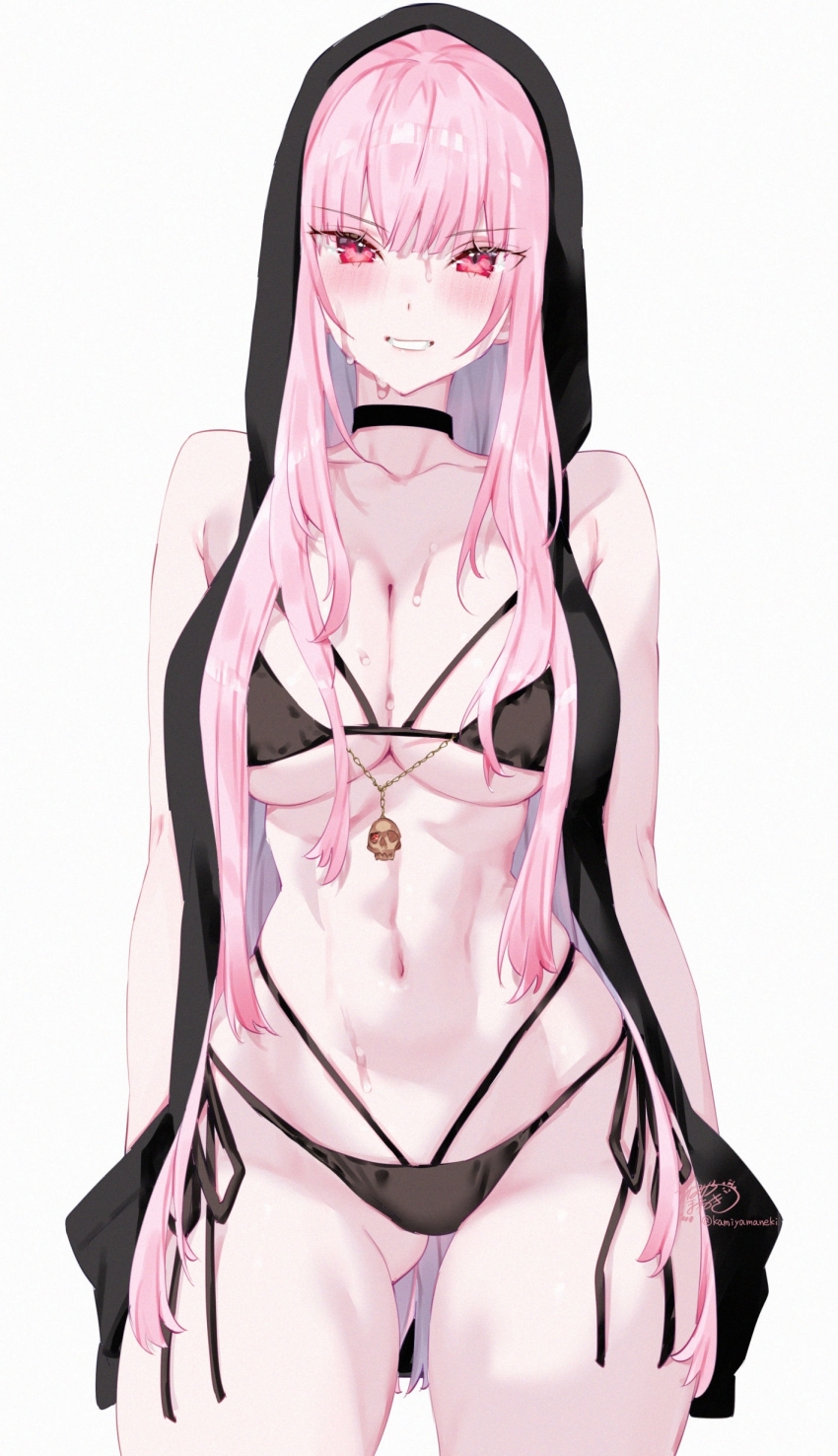 1girl absurdres alternate_costume armpit_crease bare_arms bare_shoulders bikini black_bikini black_choker black_hoodie blush breasts choker cleavage collarbone commentary fanged_bangs gluteal_fold grin hair_between_eyes highleg highleg_bikini highres hololive hololive_english hood hoodie kamiya_maneki large_breasts long_hair looking_at_viewer mori_calliope multi-strapped_bikini_bottom multi-strapped_bikini_top navel open_clothes open_hoodie pink_eyes pink_hair red_eyes side-tie_bikini_bottom signature simple_background skull_ornament smile solo stomach string_bikini sweat swimsuit thighs twitter_username very_long_hair virtual_youtuber white_background