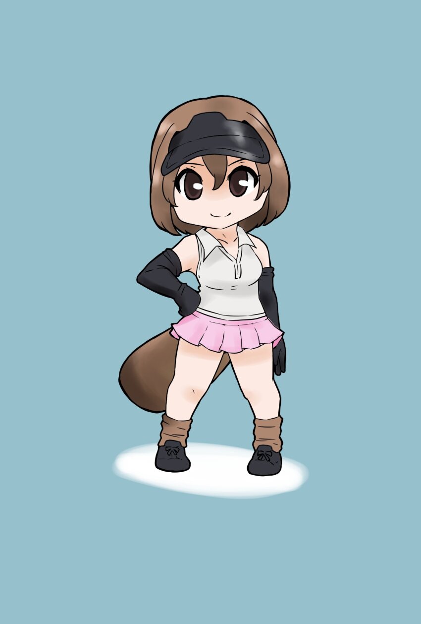 1girl black_gloves black_shoes brown_eyes brown_hair brown_socks collarbone collared_shirt elbow_gloves full_body gloves gravi_pig4891 hair_between_eyes hand_on_own_hip highres kemono_friends looking_at_viewer loose_socks pink_skirt platypus_(kemono_friends) platypus_girl pleated_skirt shirt shoes short_hair sidelocks skirt sleeveless smile sneakers socks solo tail visor_cap white_shirt