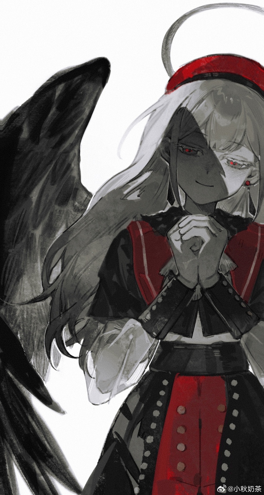 1girl ascot bang_dream! bang_dream!_it&#039;s_mygo!!!!! beret black_capelet black_collar black_overskirt black_sleeve_cuffs black_wings buttons capelet chinese_commentary clenched_hand closed_mouth collar commentary_request cowboy_shot double-parted_bangs earrings feathered_wings greyscale half-closed_eyes halo hands_up hat head_tilt highres jewelry long_hair long_sleeves looking_at_viewer monochrome mortis_(bang_dream!) mortis_(costume)_(bang_dream!) mortis_(persona)_(bang_dream!) ochano own_hands_together red_capelet red_eyes red_hat red_shorts see-through_clothes see-through_sleeves shadow shirt shorts sidelocks simple_background smile solo spot_color straight-on wakaba_mutsumi watermark weibo_watermark white_background white_shirt wings