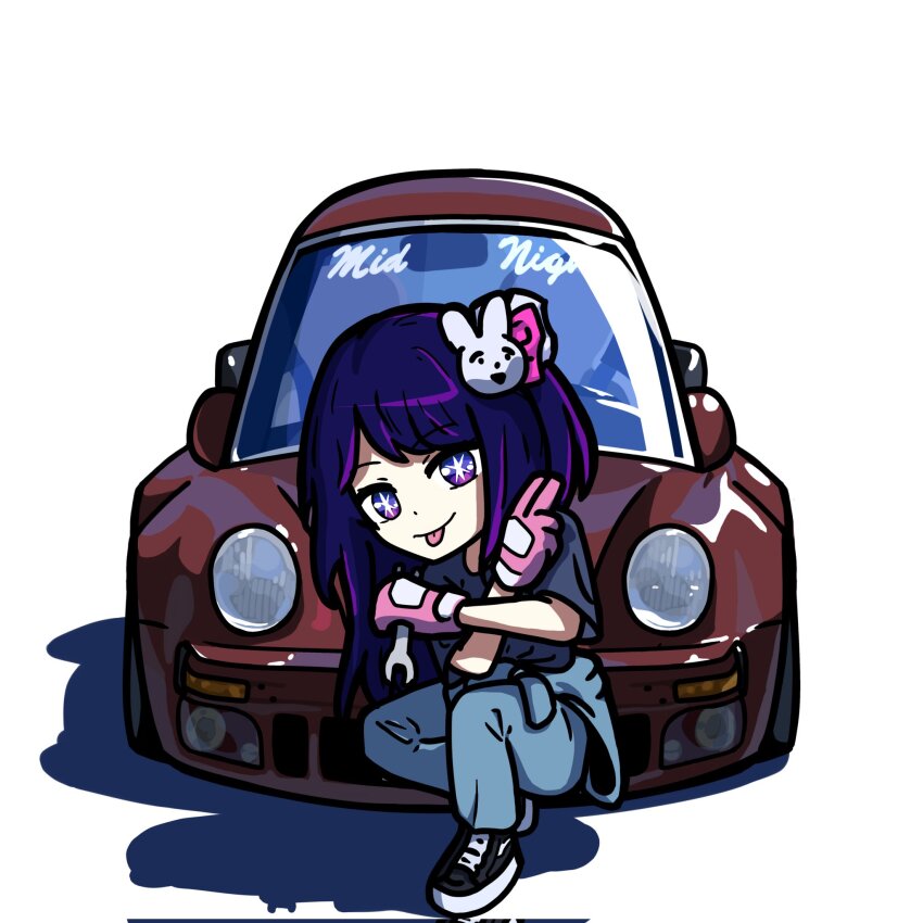 +_+ 1girl black_shirt blue_pants car commentary corrupted_twitter_file duz english_commentary gloves hair_ornament highres holding holding_wrench hoshino_ai looking_at_viewer midnight_club_(street_racing) motor_vehicle oshi_no_ko pants pink_gloves porsche_911 porsche_930 purple_eyes purple_hair rabbit_hair_ornament shadow shirt simple_background smile solo sports_car squatting tongue tongue_out white_background wrench