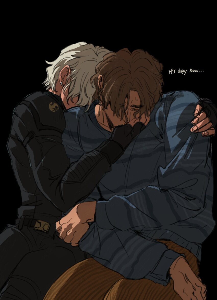 1boy 1girl belt black_background black_belt black_bodysuit black_gloves blue_shirt bodysuit brown_hair brown_pants closed_eyes covered_mouth earrings english_text fingerless_gloves fingernails gloves hand_on_another&#039;s_face highres holding_own_arm hug jewelry long_sleeves marvel marvel_cinematic_universe mcbuckwheat pants puffy_long_sleeves puffy_sleeves sentry_(marvel) shirt short_hair simple_background sitting striped_clothes striped_pants striped_shirt superhero_costume thunderbolts_(movie) vertical-striped_clothes vertical-striped_pants white_hair yelena_belova