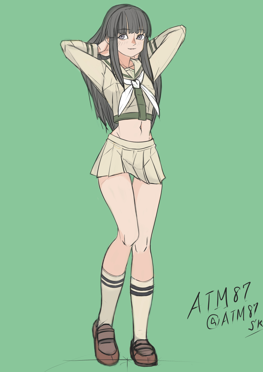 1girl absurdres atm87 black_eyes black_hair blunt_bangs full_body green_background grey_sailor_collar grey_shirt grey_skirt hair_down highres kantai_collection kitakami_(kancolle) kitakami_kai_ni_(kancolle) midriff navel neckerchief pleated_skirt sailor_collar sailor_shirt shirt skirt socks solo twitter_username white_neckerchief white_socks