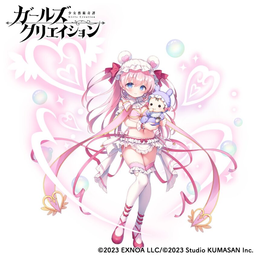 animal_ears apron bear_ears blue_eyes bow breasts character_request cleavage closed_mouth commentary_request fake_animal_ears frilled_thighhighs frills full_body girls_creation hair_between_eyes hair_bow heart highres long_hair medium_breasts official_art pink_hair red_bow red_footwear shoes smile standing standing_on_one_leg thighhighs two_side_up usashiro_mani very_long_hair white_apron white_background white_thighhighs