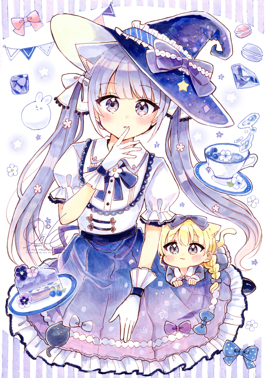 2girls absurdres animal_ear_fluff animal_ears blonde_hair blue_hat blue_skirt blueberry bow braid cake cake_slice cat_ears cat_girl cat_tail chibi collared_shirt commentary_request cup flower food fruit fushigi_na_neko_no_machi_meltier gloves gradient_clothes gradient_skirt grey_hair hand_to_own_mouth hand_up hat hat_bow highres hime_(fushigi_na_neko_no_machi_meltier) long_hair looking_at_viewer marker_(medium) mini_person minigirl multiple_girls parted_lips pennant plate puffy_short_sleeves puffy_sleeves purple_bow purple_eyes purple_skirt rounded_collar rucora_(fushigi_na_neko_no_machi_meltier) sakura_oriko saucer shirt short_sleeves single_braid skirt star_(symbol) string_of_flags tail tilted_headwear traditional_media twintails very_long_hair white_background white_flower white_gloves white_shirt witch_hat