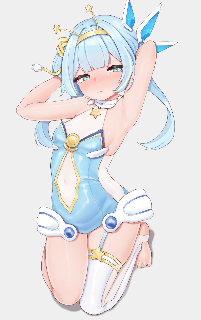 1girl absurdres armpits blue_eyes blue_hair blue_nails breasts closed_mouth commentary covered_navel english_commentary highres jelly_hoshiumi looking_at_viewer nail_polish phase_connect single_thighhigh sleepypudding small_breasts solo thighhighs toenail_polish toenails