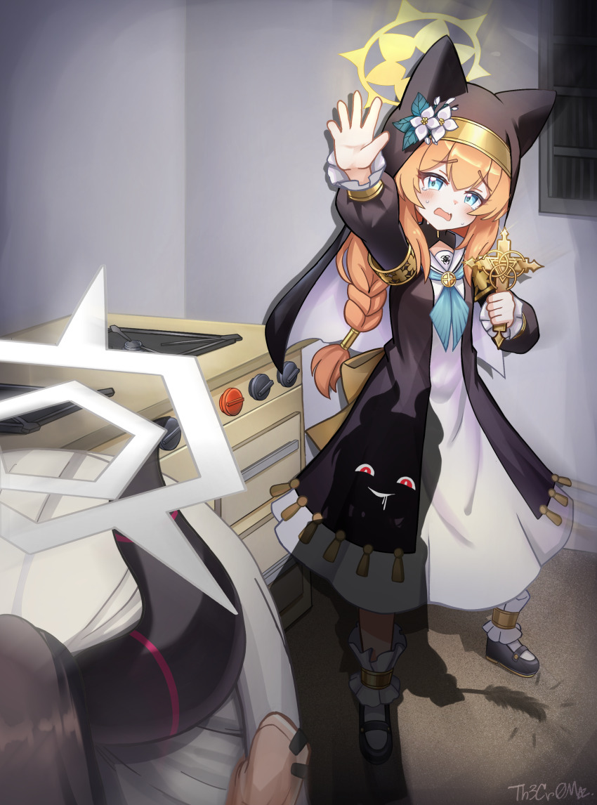2girls absurdres animal_ears blue_archive blue_eyes braid braided_ponytail cat_ears cat_girl cat_teaser commentary cross demon_horns drooling flower frilled_socks frills hair_flower hair_ornament halo highres holding holding_cat_teaser holding_cross horns kayoko_(blue_archive) low_ponytail mari_(blue_archive) mary_janes meme multiple_girls neckerchief nun orange_hair outstretched_arm photo-referenced ponytail shadow shoes socks sweat symbol-only_commentary tearing_up th3cr0ma white_socks