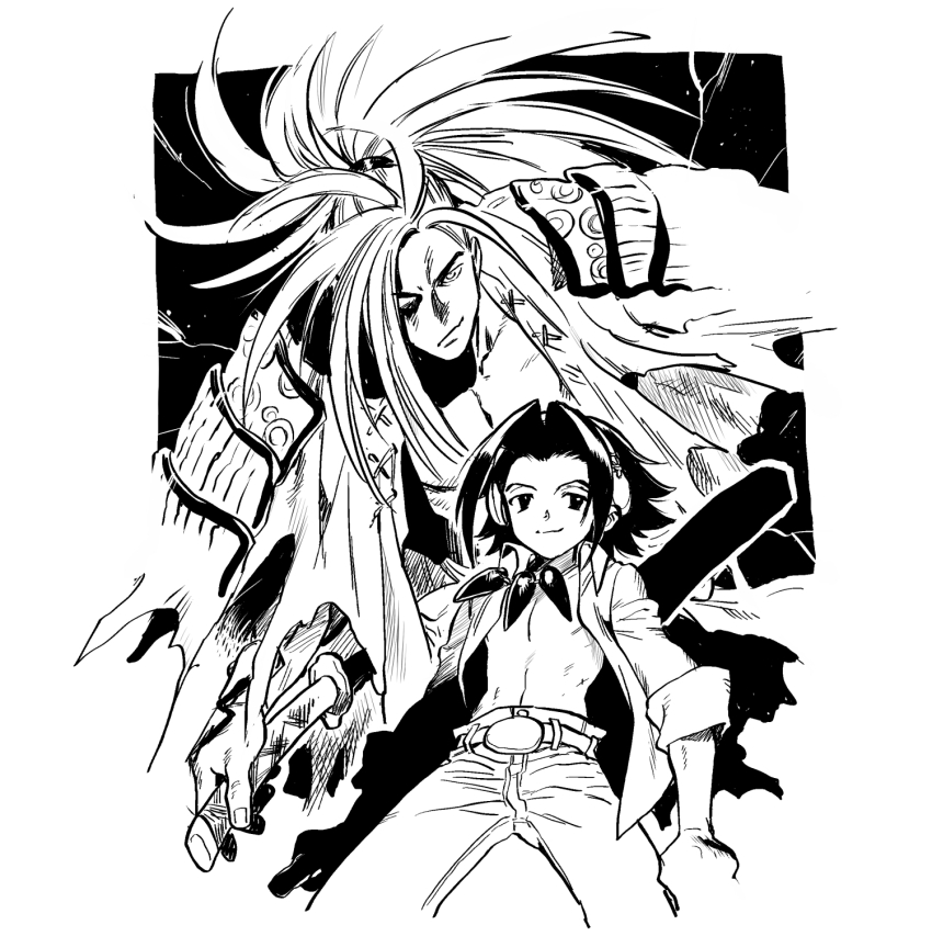 2boys amidamaru armor asakura_yoh belt hair_over_one_eye headphones highres holding holding_sword holding_weapon japanese_armor jewelry katana light_smile long_hair male_focus medium_hair multiple_boys necklace nitako open_clothes open_shirt pants ponytail shaman_king shoulder_armor sword weapon