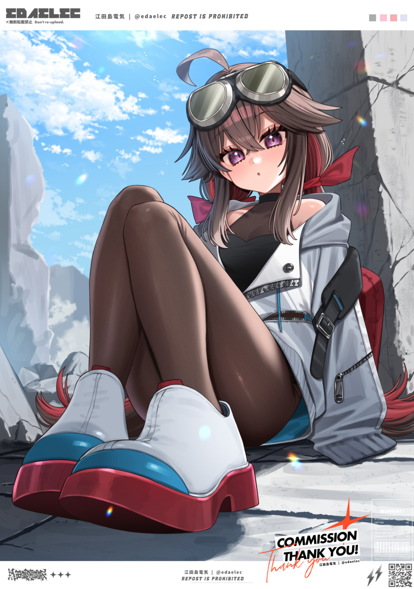 1girl ahoge bare_shoulders black_pantyhose brown_hair colored_shoe_soles commentary commentary_request commission edajima_denki english_commentary goggles goggles_on_head hair_flaps hair_ribbon highres jacket knees long_hair looking_at_viewer low_twintails multicolored_hair on_floor original pantyhose red_hair red_ribbon ribbon shoes sitting skeb_commission solo streaked_hair twintails two-tone_hair white_jacket white_shoes