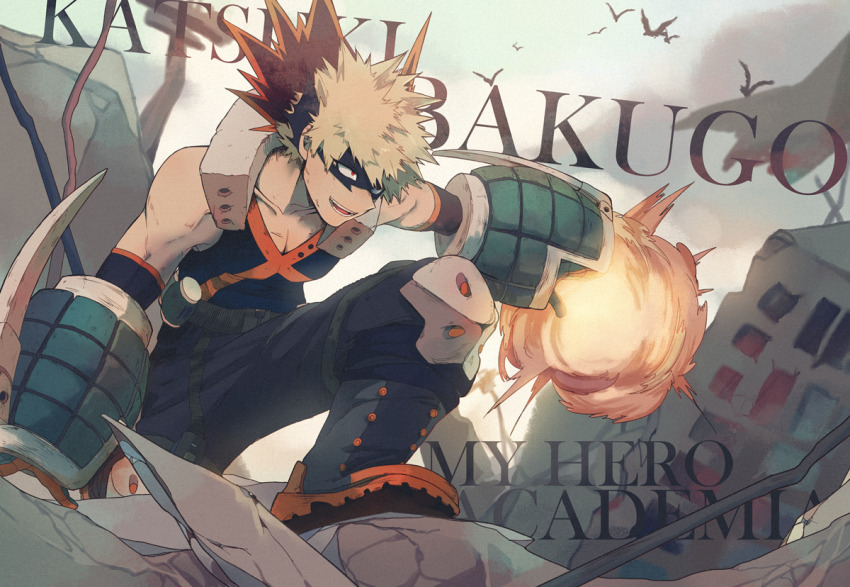 1boy adam&#039;s_apple arm_at_side bakugou_katsuki bare_shoulders belt black_mask black_pants black_tank_top blonde_hair blurry blurry_background boku_no_hero_academia boots buckle building character_name chromatic_aberration cloud collarbone colored_shoe_soles commentary copyright_name detached_sleeves explosion explosive eye_mask film_grain flag flock foot_out_of_frame from_side gloves green_gloves grenade hand_up headgear industrial_pipe knee_boots knee_pads knee_up leaning_forward looking_ahead male_focus open_mouth orange_gloves outdoors outstretched_arm pants pectoral_cleavage pectorals red_eyes rock rubble ruins sanpaku short_hair sideways_mouth simple_bird sleeveless smile snap-fit_buckle solo spiked_hair stepping tank_top text_background text_focus torn_flag two-tone_gloves v-neck window x xi_yuu