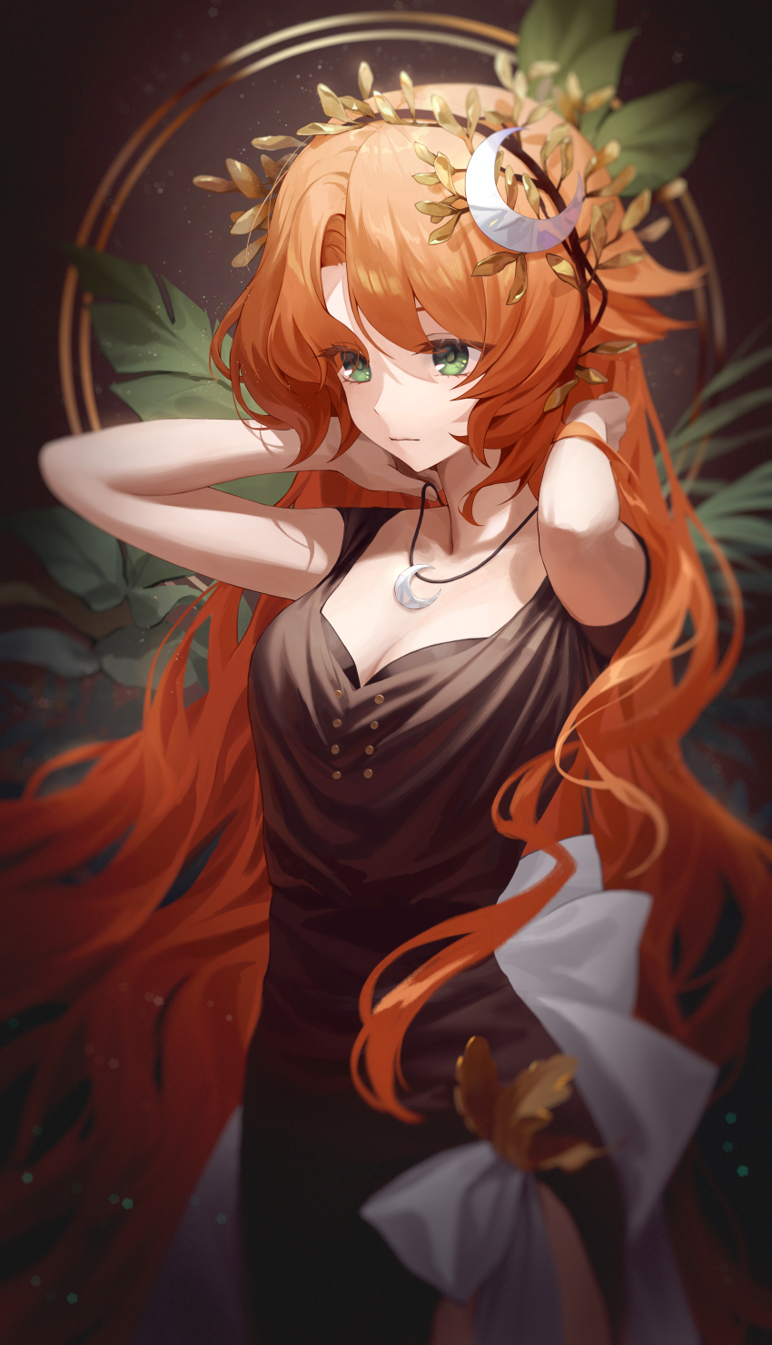 1girl :| absurdres alohayuja arms_behind_head arms_up bare_arms black_dress breasts cleavage closed_mouth crescent crescent_hair_ornament dark_background dress druvis_iii green_eyes hair_ornament hands_in_own_hair highres jewelry leaf_hair_ornament long_dress long_hair looking_ahead pendant plant reverse:1999 side_slit sleeveless sleeveless_dress solo upper_body