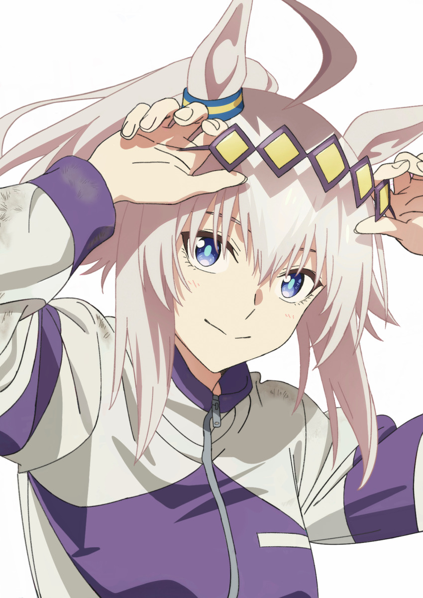 1girl ahoge animal_ears blue_eyes blush breasts brown_hair closed_mouth cygames dirt dirty dirty_clothes ear_ornament female_focus grey_hair hairband highres horse_ears horse_girl jacket long_hair long_sleeves looking_at_viewer multicolored_hair oguri_cap_(umamusume) ponytail scan simple_background small_breasts smile solo track_jacket track_suit two-tone_hair umamusume umamusume:_cinderella_gray white_background