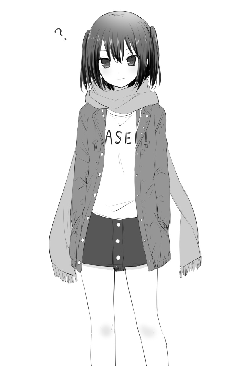 10s 1girl ? alternate_costume blush buttons casual closed_mouth cowboy_shot eyebrows female_focus greyscale hair_between_eyes hands_in_pockets highres ica jacket kantai_collection looking_at_viewer monochrome night_battle_idiot pocket scarf sendai_(kancolle) simple_background skirt smile solo standing two_side_up white_background