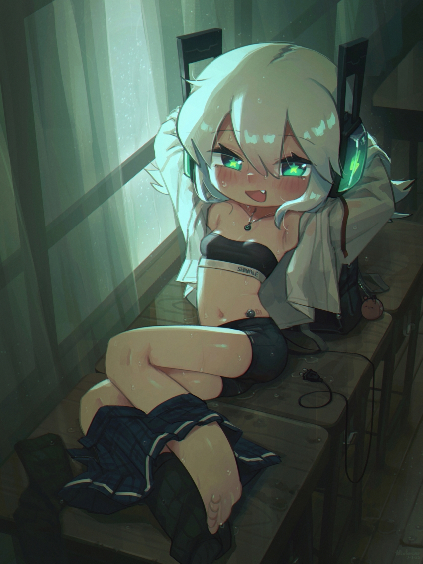 1girl absurdres bike_shorts bra cable cable_tail digitan_(porforever) electric_plug electric_plug_tail fang green_eyes highres mechanical_tail navel original porforever robot_ears star-shaped_pupils star_(symbol) symbol-shaped_pupils tail underwear wet white_hair