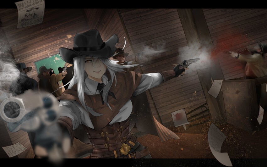 1girl 4boys absurdres brown_corset collared_shirt corset cowboy_western cowgirl_(western) dual_wielding gun handgun highres holding holding_gun holding_weapon indoors iubworks long_hair multiple_boys original poster_(object) revolver shadow shirt solo_focus wanted_poster weapon weapon_request white_hair white_shirt wooden_wall