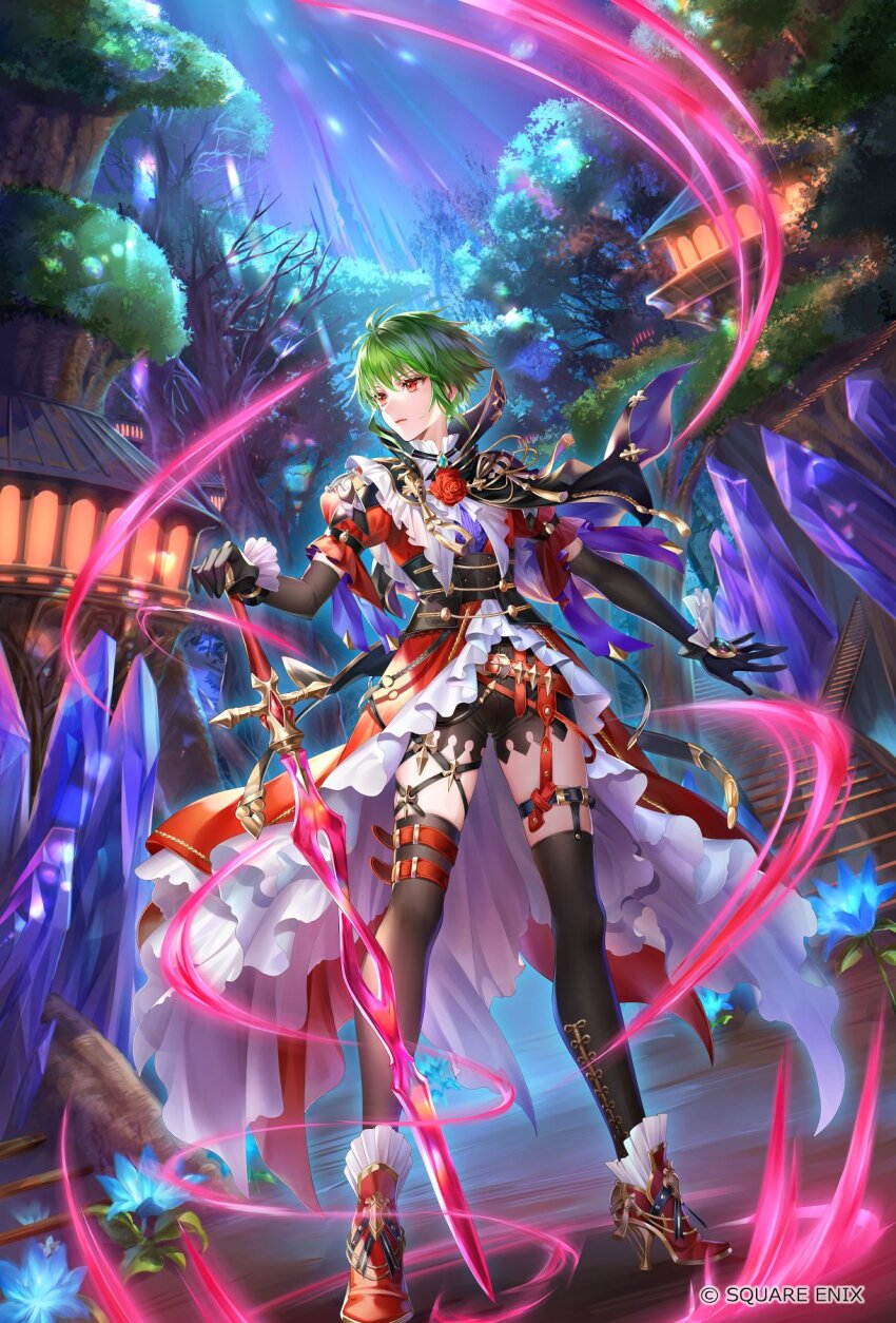 1girl asellus_(saga_frontier) black_gloves black_thighhighs cape closed_mouth elbow_gloves flower full_body gloves green_hair high_heels highres holding holding_sword holding_weapon nemusuke official_art red_eyes red_flower red_rose romancing_saga_re;universe rose saga saga_frontier short_hair shorts solo square_enix stairs standing sword thighhighs tree weapon