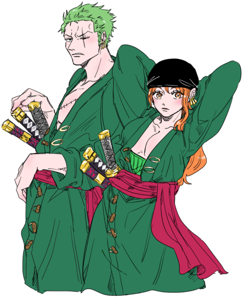 1boy 1girl arms_behind_head arms_up bandana black_bandana black_headwear breasts cleavage cosplay earrings green_hair haramaki highres japanese_clothes jewelry large_breasts long_hair mike_(tomatomato244) nami_(one_piece) one_eye_closed one_piece orange_eyes orange_hair red_sash roronoa_zoro roronoa_zoro_(cosplay) sash scar scar_across_eye scar_on_chest scar_on_face sheath sheathed short_hair sleeves_rolled_up sword weapon